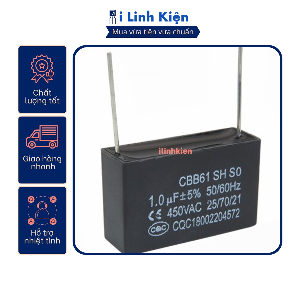 Tụ quạt 1uf 450vac chân hàn mạch pcb cbb61