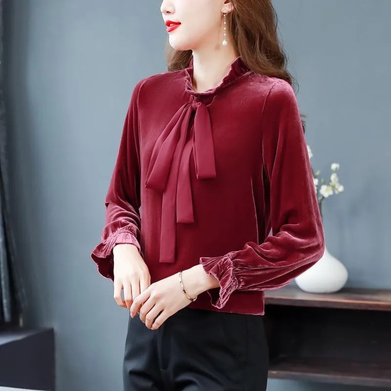 Gold Velvet Shirt Women's Autumn and Winter Korean Version of Bowknot Long-sleeved Shirt Women's Solid Color Blouse