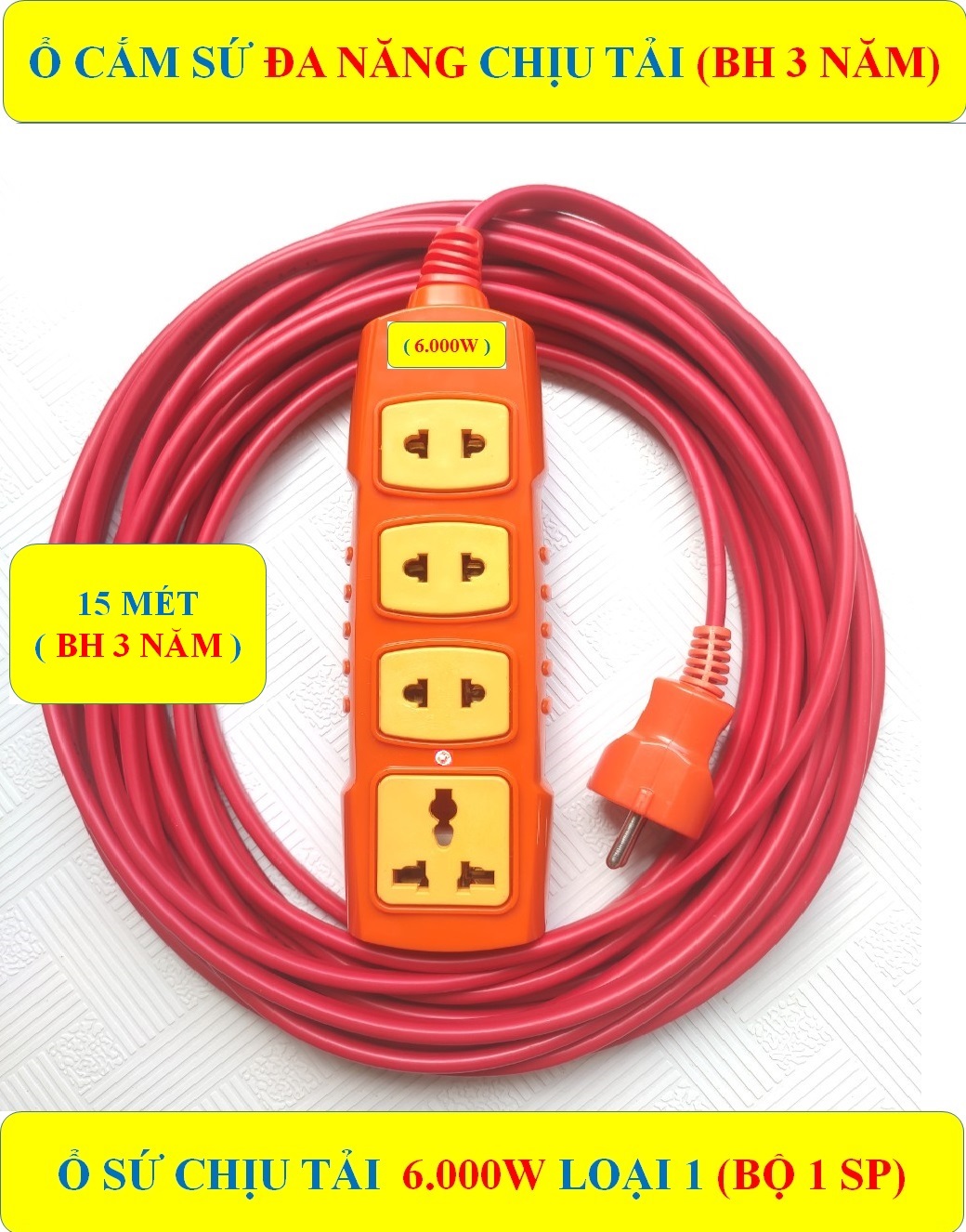 Ổ cắm điện CHỊU TẢI CAO 6.000W đa năng CAO CẤP + Dây 15 MÉT + (BH 3 NĂM) HÀNG LOẠI 1 CAO CẤP + 4 lỗ cắm SỨ chịu tải chịu nhiệt + Đèn LED báo (bộ 1 sản phẩm)