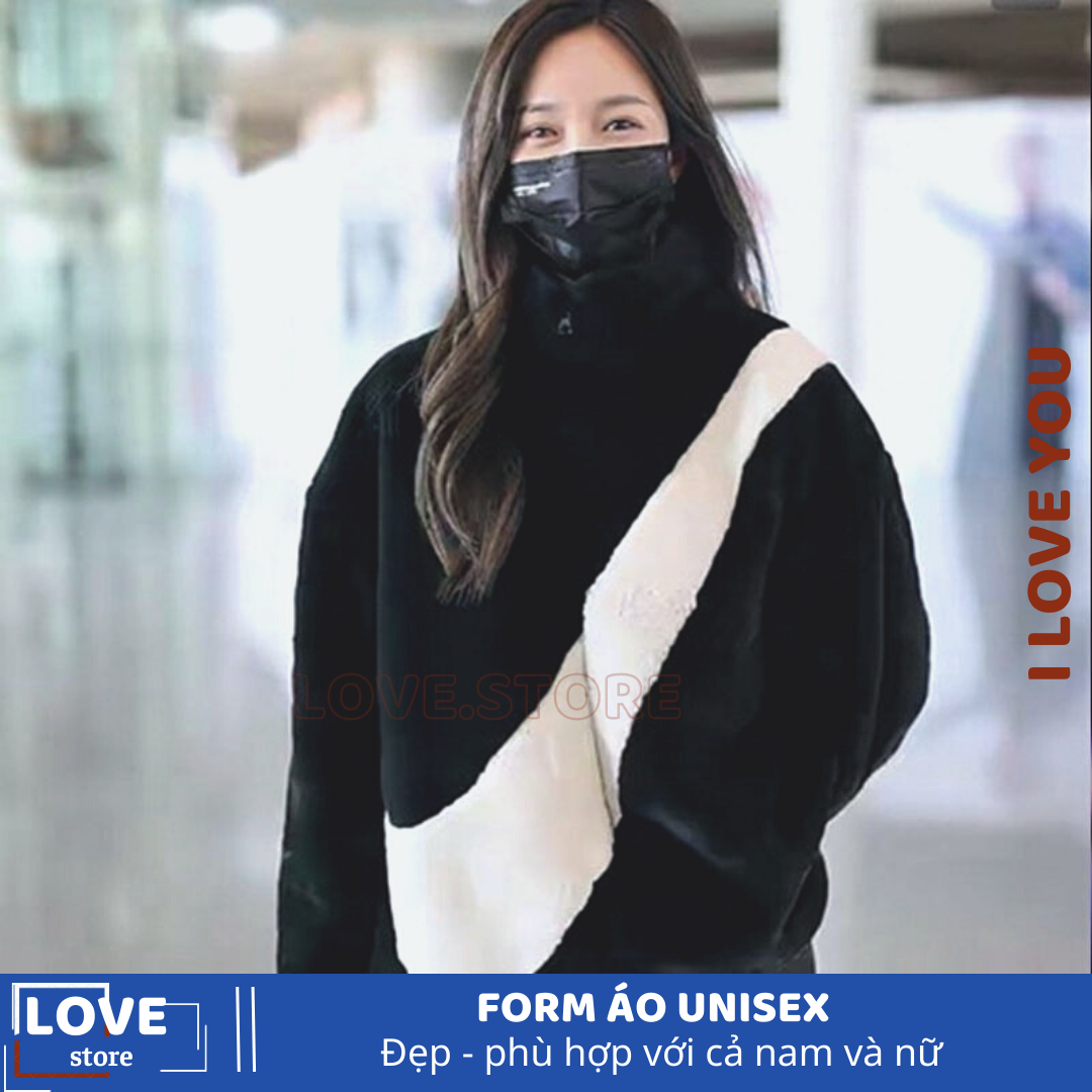 Áo khoác lông nai đen trắng phối màu form dáng nam nữ unisex, , áo lông cừu mùa đông, áo khoác lông cừu cổ trụ cổ đứng, áo khoác lông vũ, áo lông mũ gấu, áo lông cừu tai thỏ, áo lông cừu 2 mặt