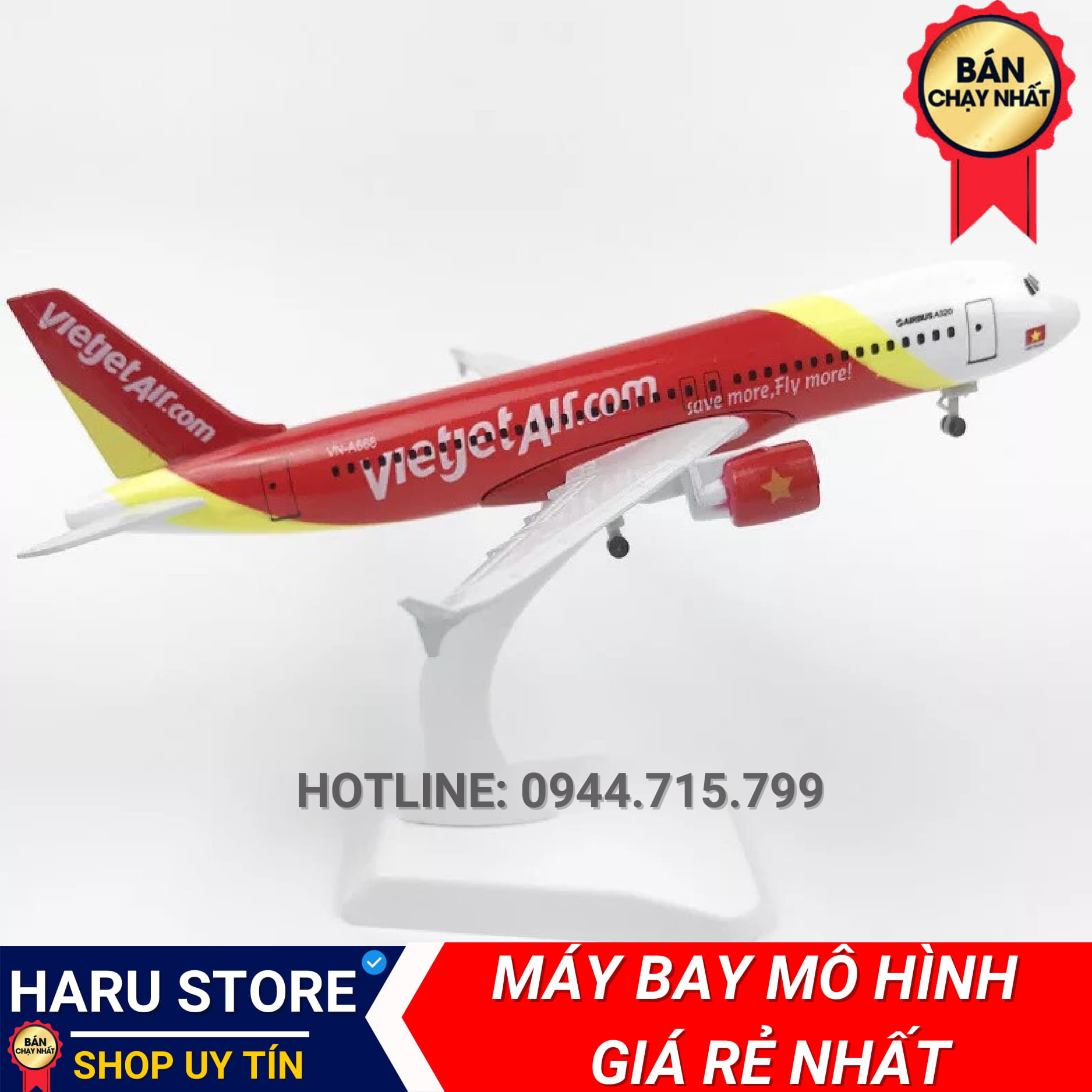 ( Xem video ) MÔ HÌNH MÁY BAY KIM LOẠI 16CM ( Không có bánh xe ) + KÈM ĐẾ MICA - VIETJET AIR - UNINSHOP