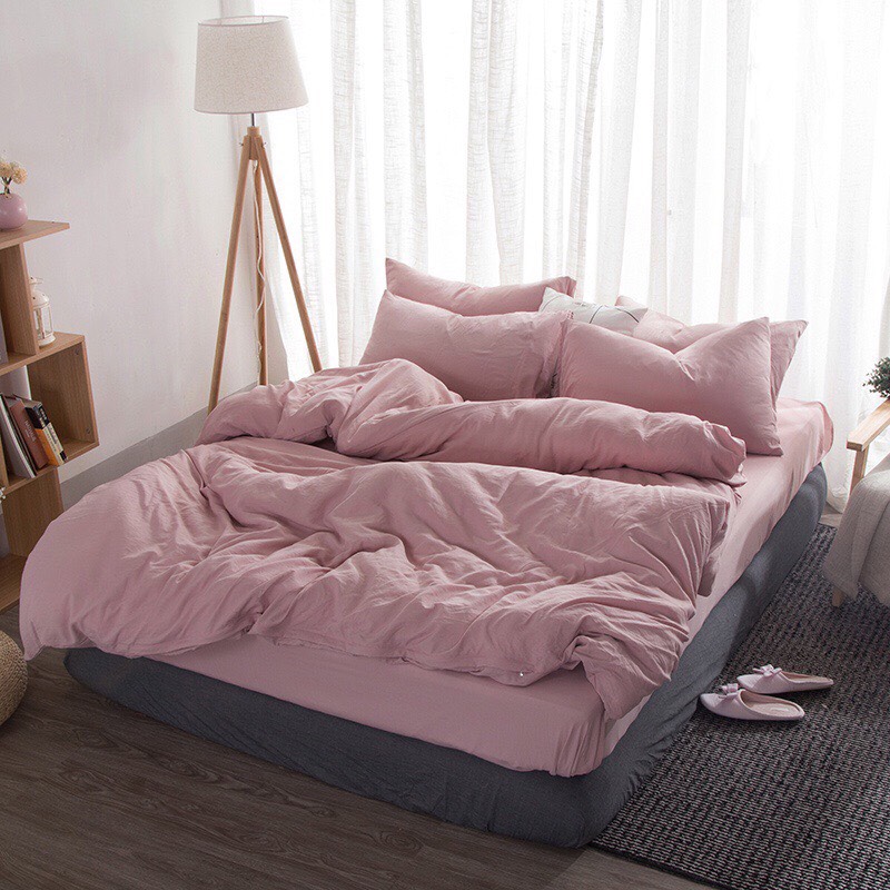 TRỌN BỘ 4 MÓN CHĂN GA GỐI ĐŨI COTTON NHẬP MÀU HỒNG NHẠT