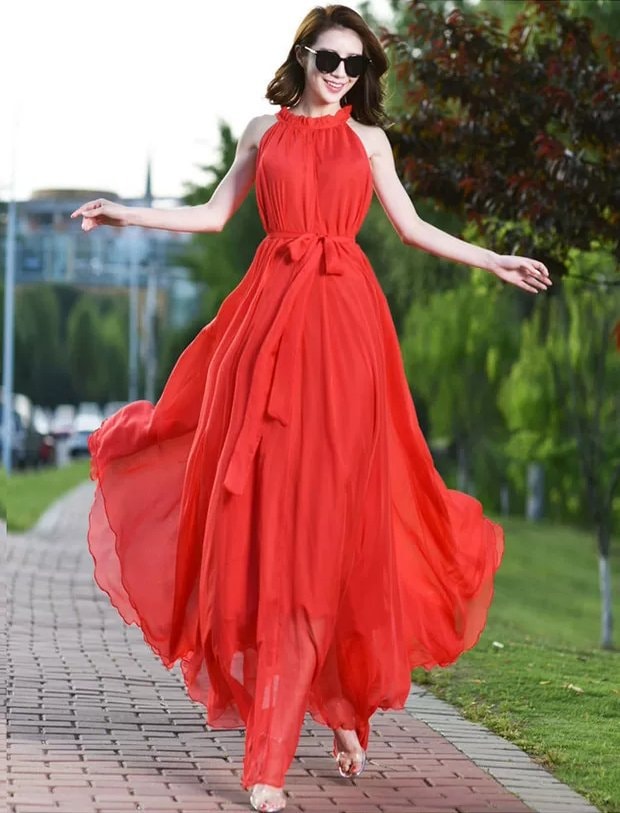 [Hcm]Maxi Dress with Birds Necklace with Tie Strap