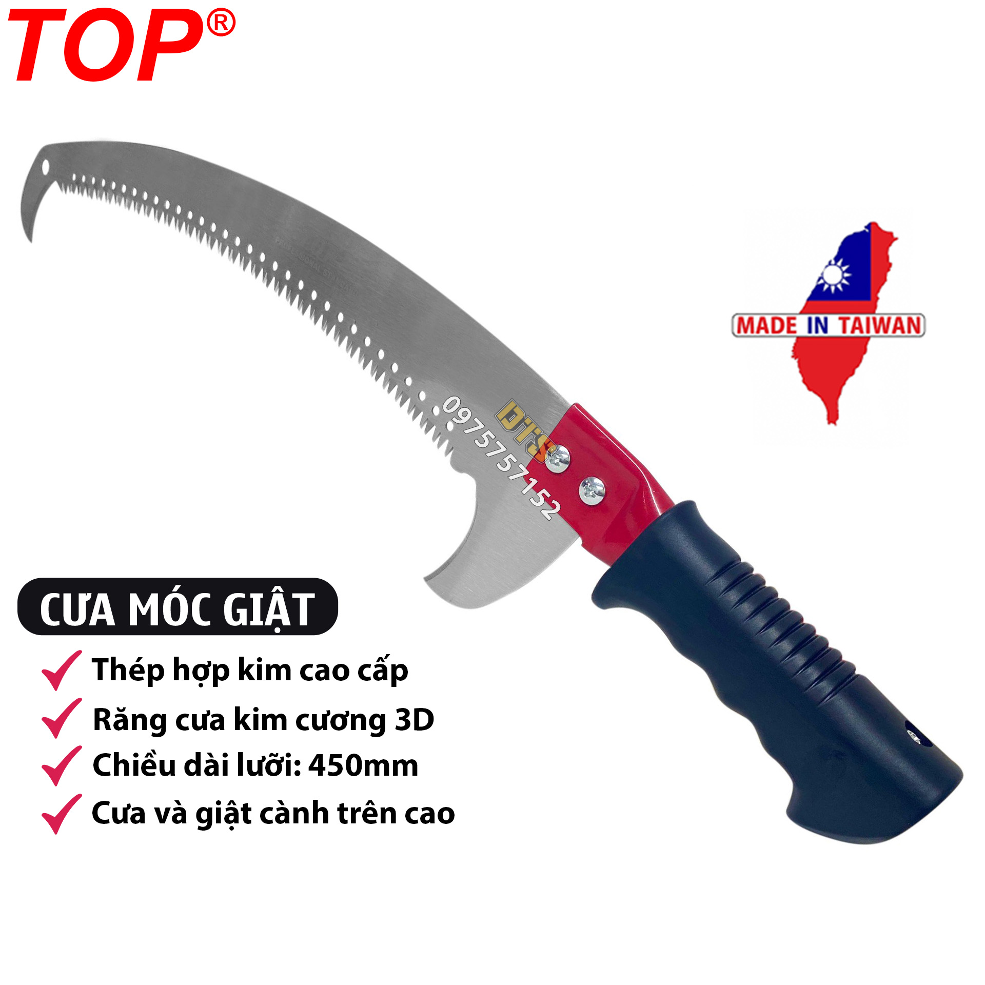 Cưa gỗ cầm tay, cưa móc giật cành 2 đầu Đài Loan TOP 450mm, cưa cành lưỡi cong thép Nhật SK5 lưỡi mài kim cương 3D độ sắc bén cao, cưa móc cành trên cao, tay cầm bọc nhựa chống trượt, cưa gỗ cắt cành 2 móc có thể nối dài