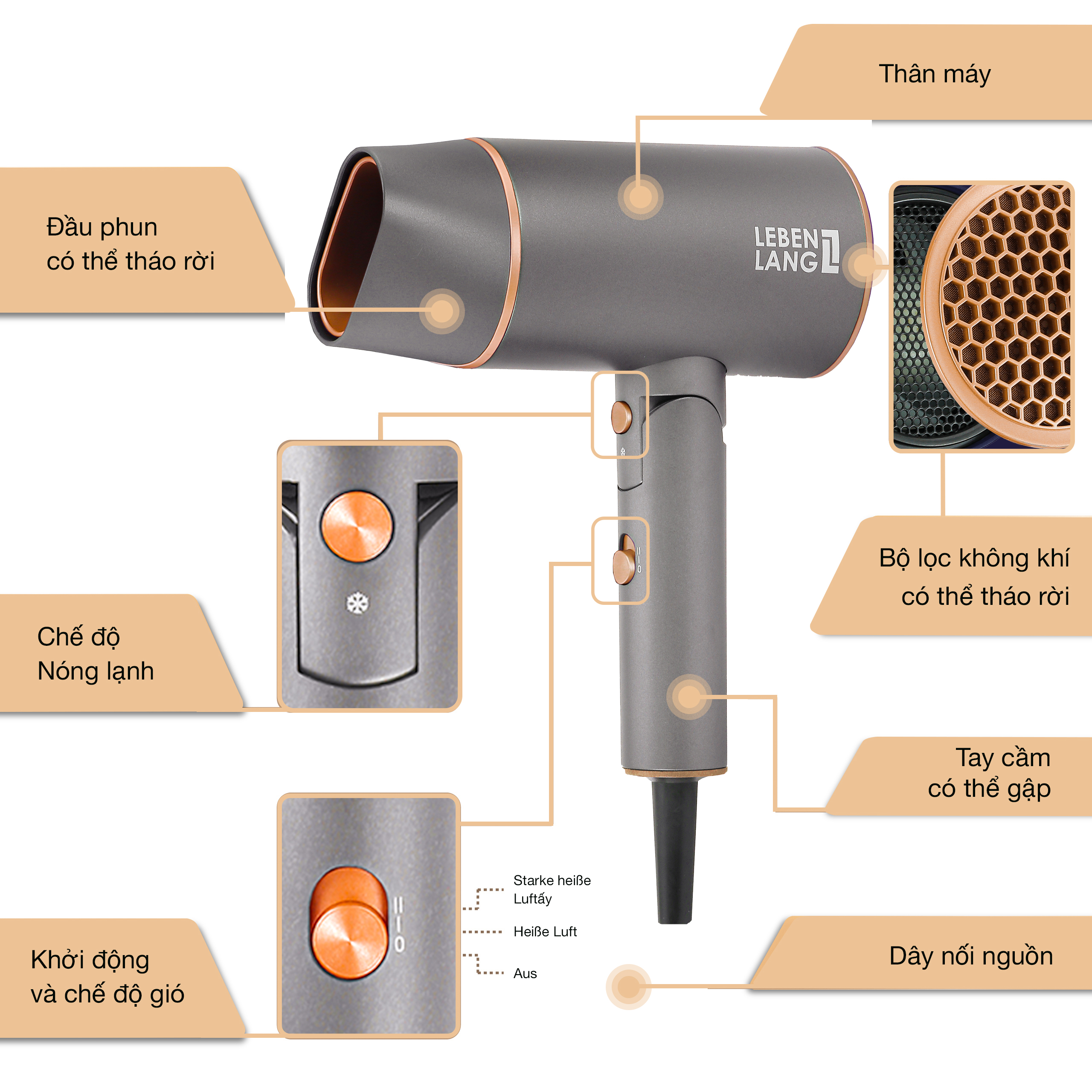 Máy sấy tóc ion LEBENLANG - LBH3088