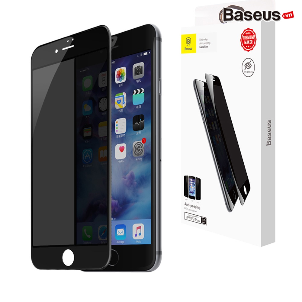 Miếng dán Cường lực Full 3D chống nhìn trộm Hiệu Baseus cho iPhone 7 Plus 8 Plus 6 Plus 6s Plus bo cong các cạnh