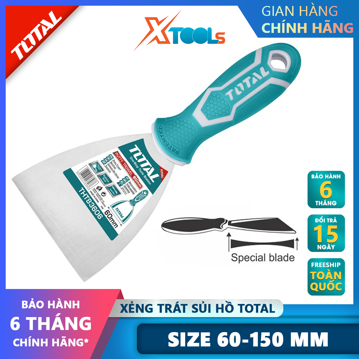 Bay sủi sơn TOTAL | xẻng trát sủi hồ quy cách 60150mm tay cầm bằng nhựa chắc chắn dùng để làm phẳng những bề mặt sau khi đổ bê tông hoặc lăn sơn nước