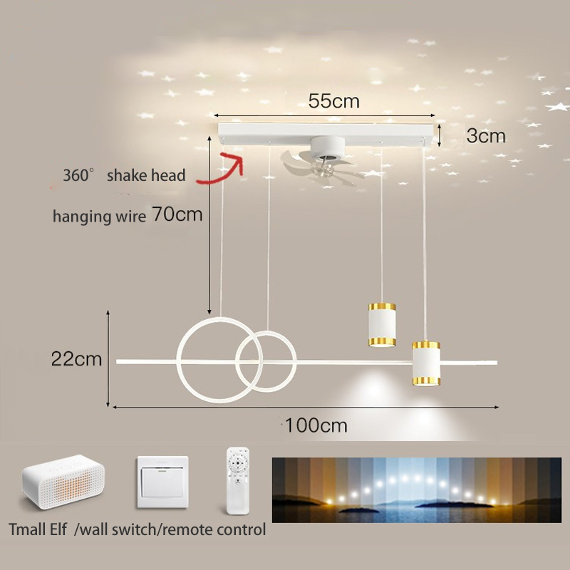 Double shaking head living room super bright rectangular fan light, full spectrum bedroom integrated silent whole house fan light