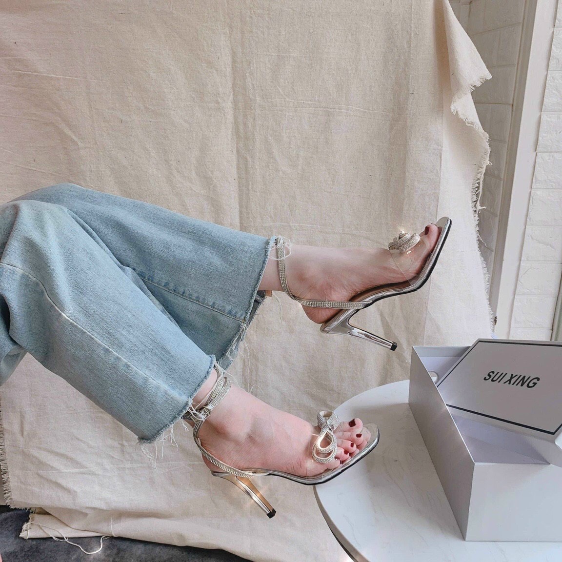 GIÀY SANDAL NỮ ĐẸP, SANDAL CAO GÓT QUAI NGANG TRONG ĐÍNH NƠ ĐÁ SIÊU CHẢNH -G658