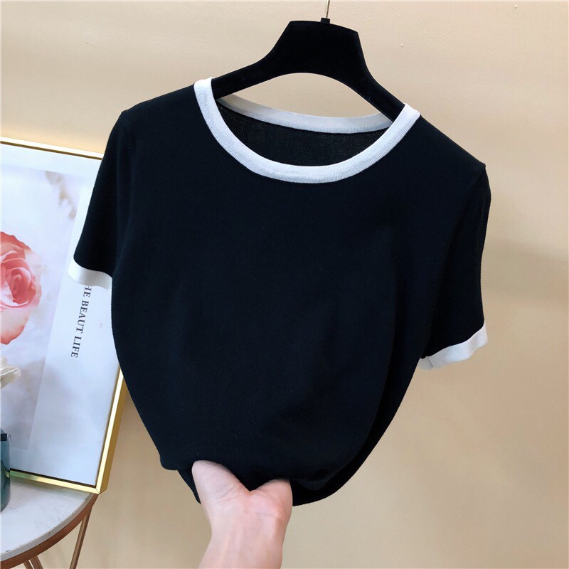 Áo body cổ tròn phối viền đen, trắng