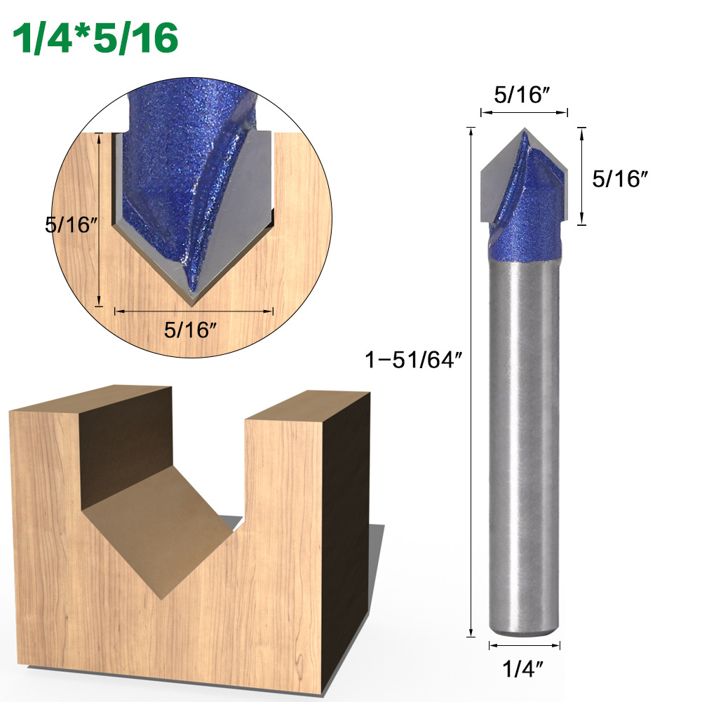Combo 4 mũi soi gỗ, Mũi phay gỗ phay rãnh V 90 độ, cốt 6.35mm