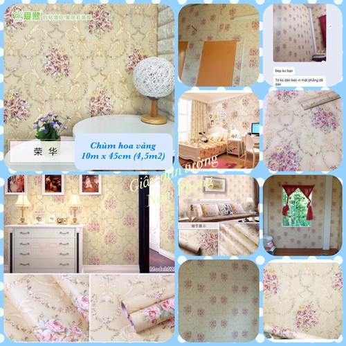 Giấy dán tường hoa hồng châu âu vàng ( cuộn dài 10m khổ rộng 45cm, có sẵn keo )