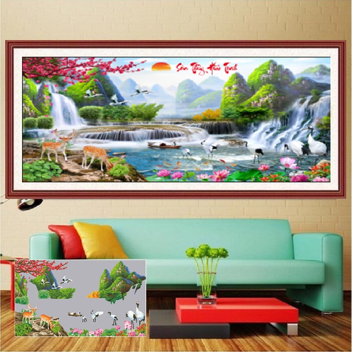 Tranh đính đá phong cảnh khổ bé ( 120*55cm)