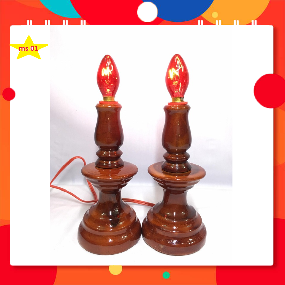 Cặp Đèn Điện Đĩa Nhỏ Để Bàn Thờ Gỗ Tràm Nhà Làm Hàng Chất Lượng ms01