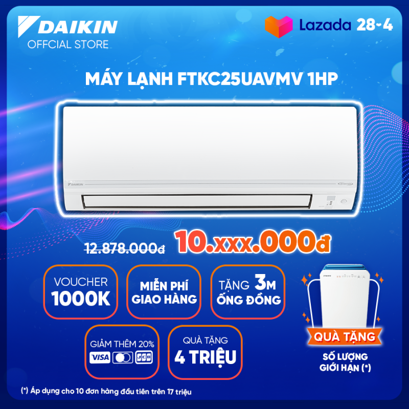 Bảng giá Máy Lạnh Daikin Inverter FTKC25UAVMV - 1HP (9000BTU) Tiết kiệm điện vượt trội - Luồng gió Coanda - Tinh lọc không khí - Khử ẩm 25% - Độ bền cao - Chống ẩm mốc - Chống ăn mòn - Làm lạnh nhanh - Hàng chính hãng
