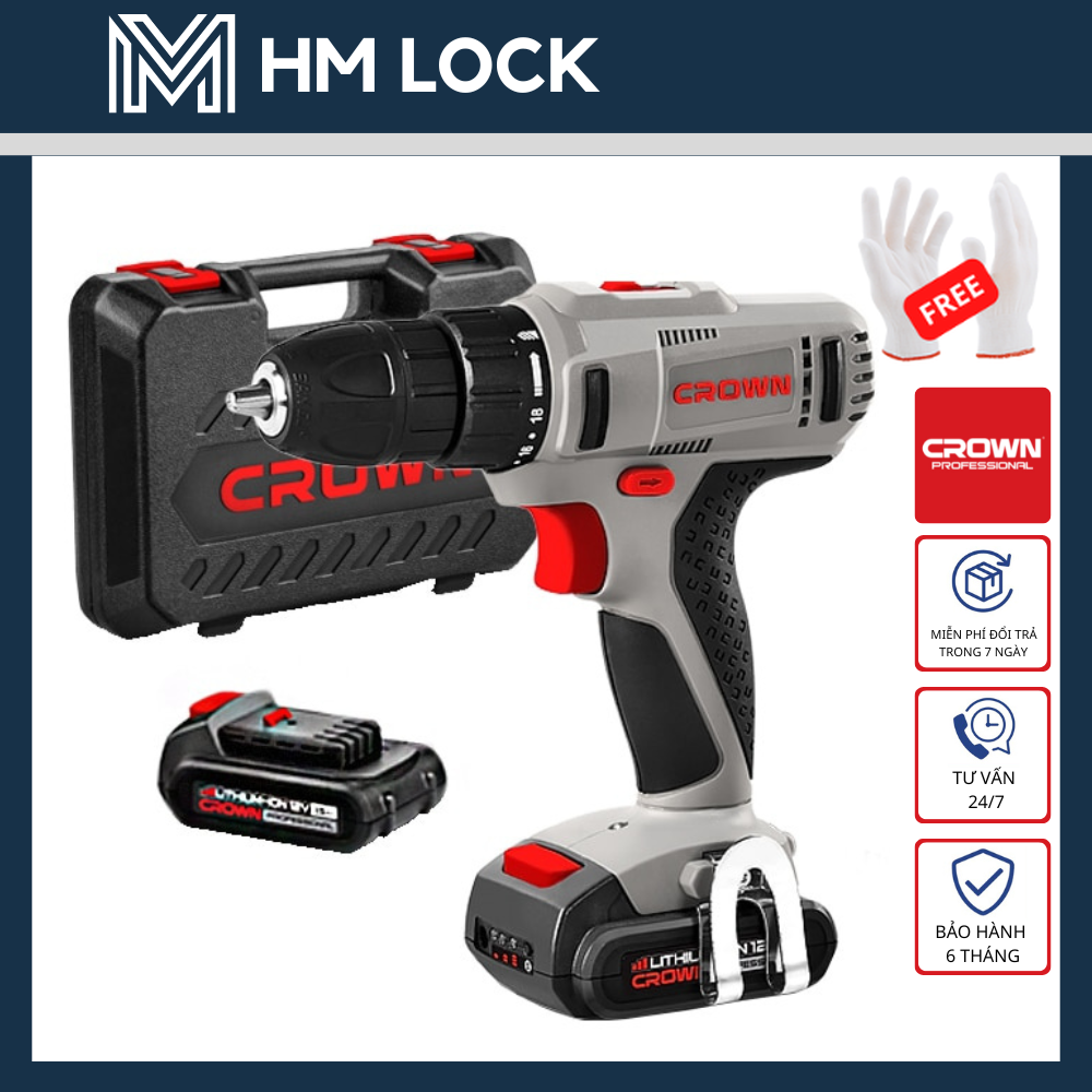 Bộ valy máy khoan pin 12v crown 27n.m - 2 pin + 1 sạc - motor dây đồng - hàng chính hãng - ct21052lh-1.5bmc - hm lock