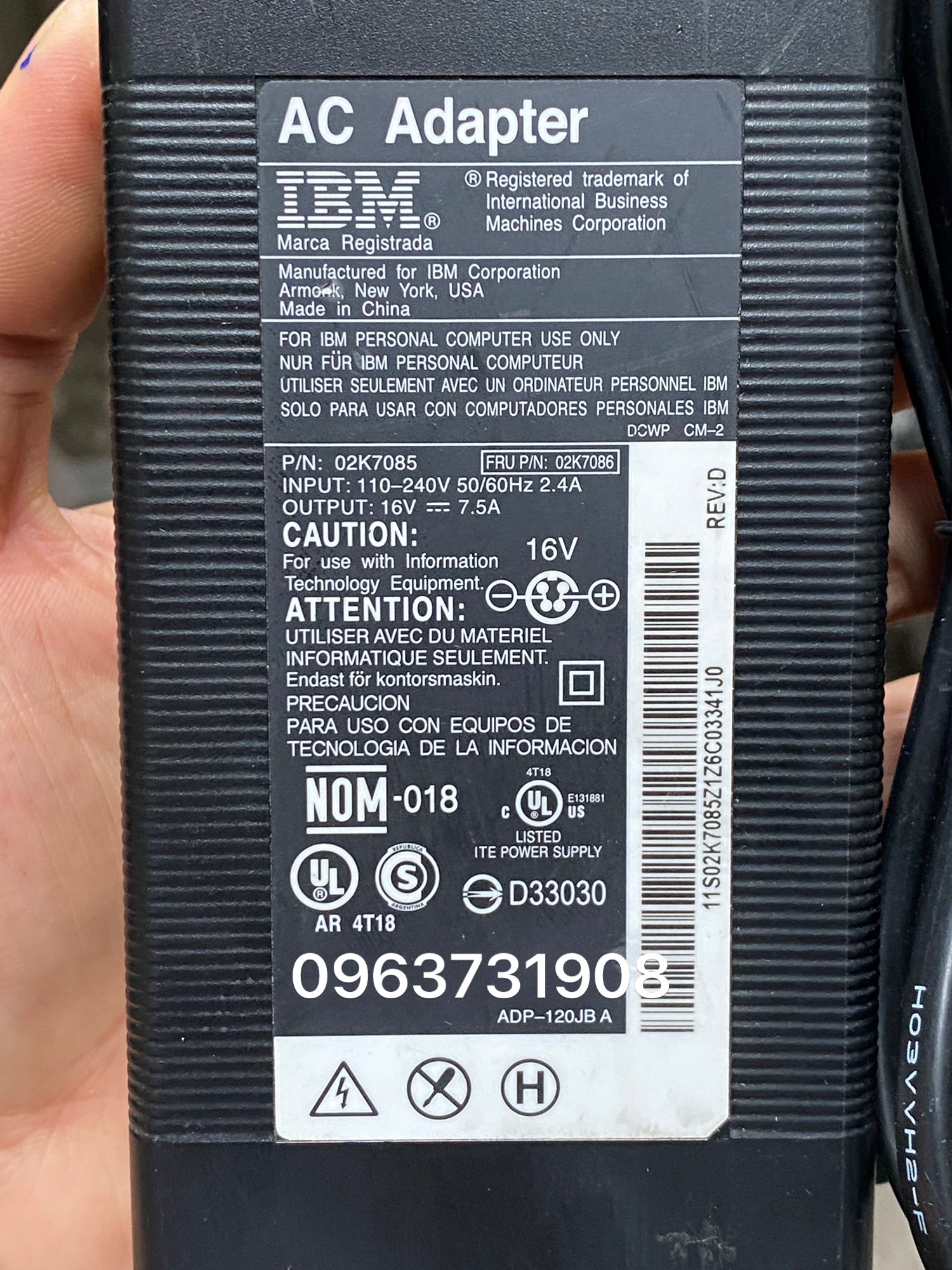 Adapter nguồn IBM 16V-7.5A 02K7085
