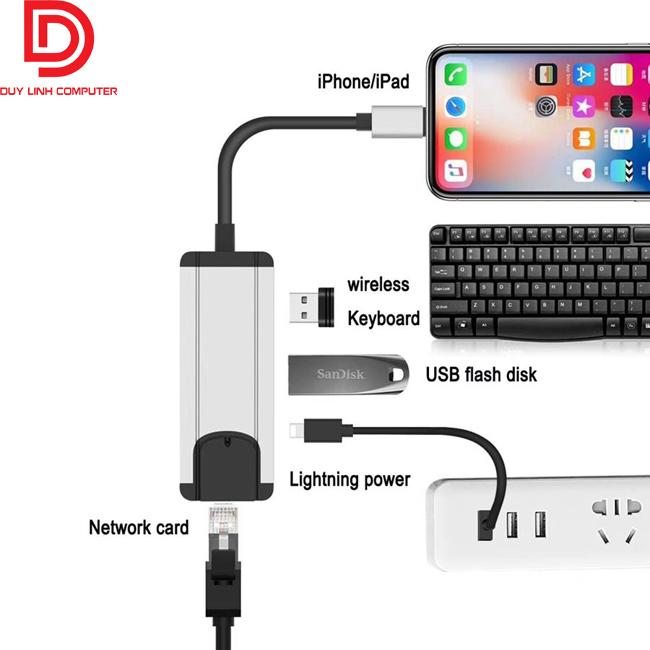 Cáp Lightning OTG to Lan, Hub USB dùng cho iPhone, iPad