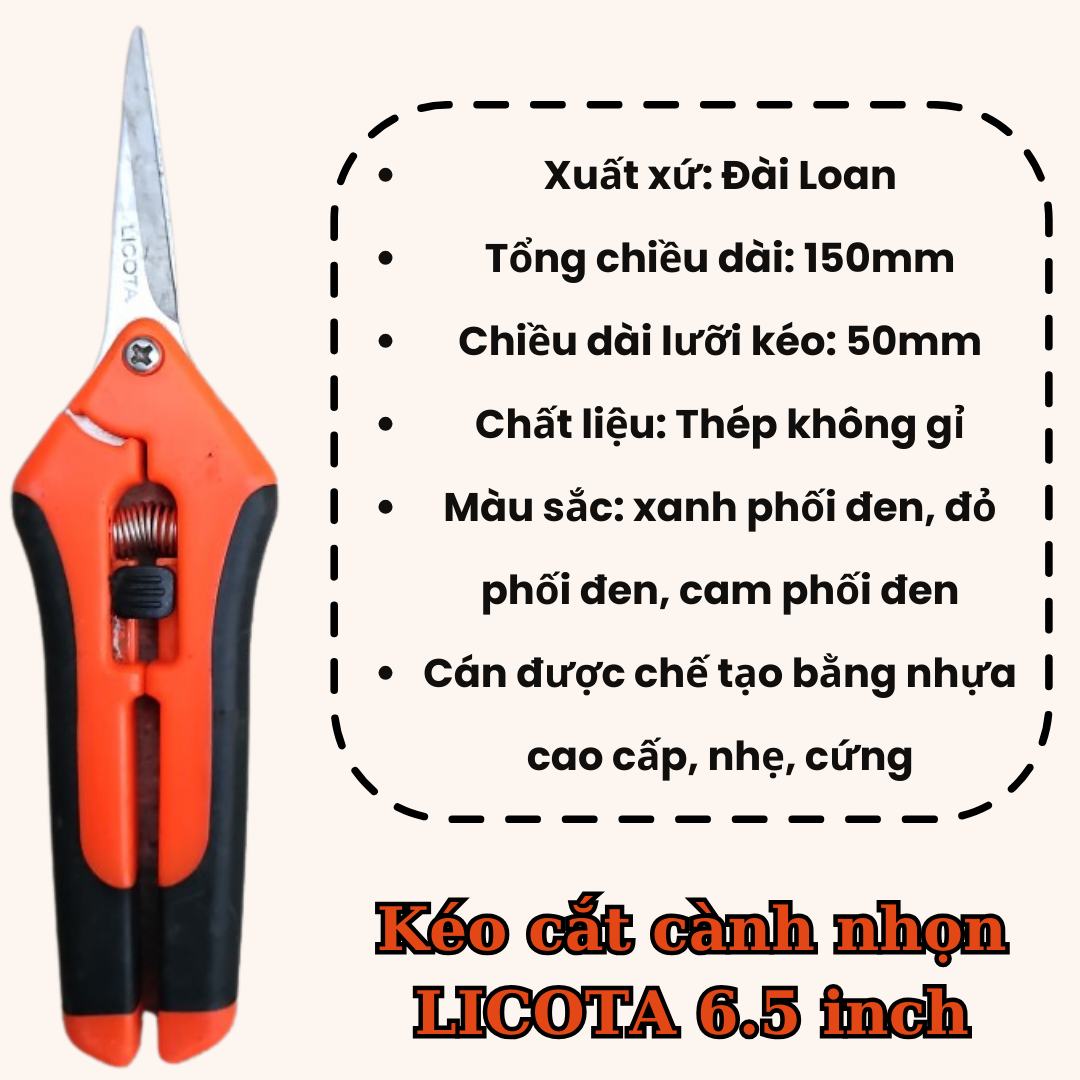 Kéo cành nhọn LICOTA 6.5 inch - bền bỉ, kéo cắt tỉa cành cây, lưỡi nhọn sắc bén, cắt nhẹ nhàng