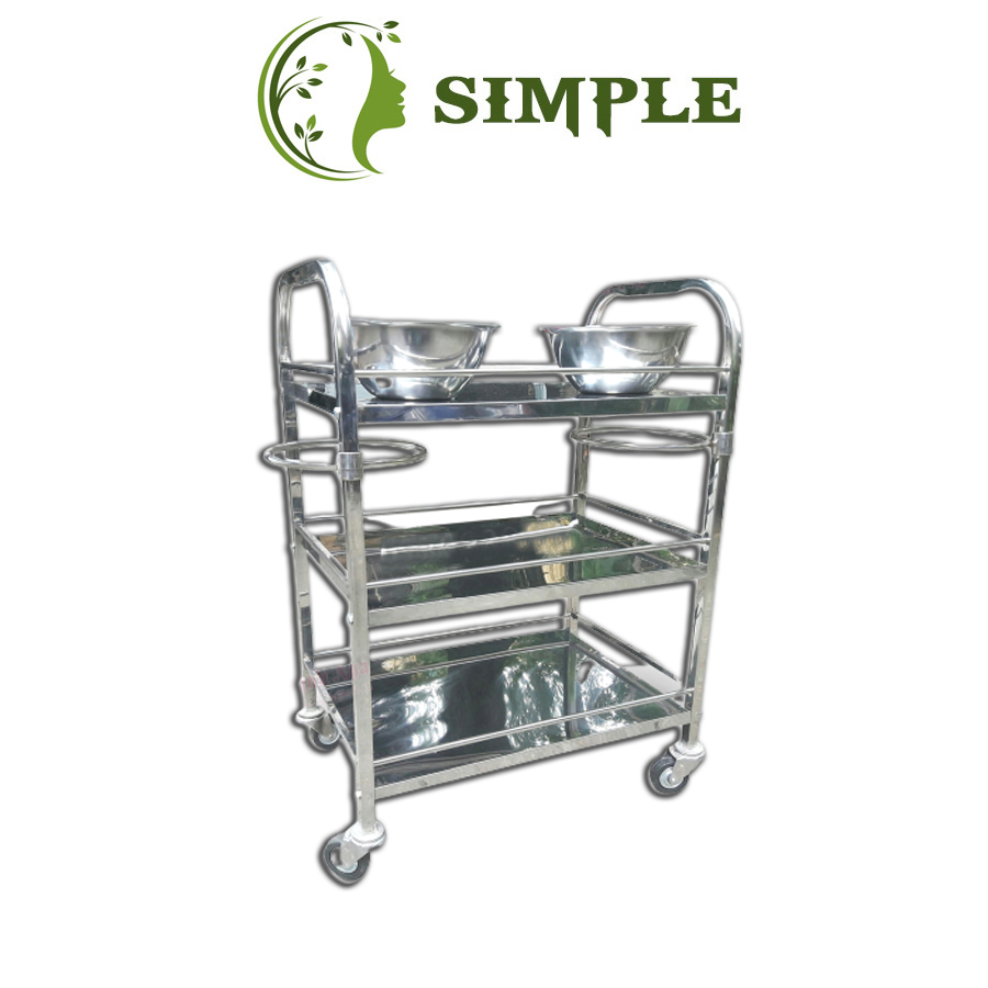Xe đẩy inox 3 tầng có 2 bát nước, xe đẩy inox đựng dụng cụ spa, thẩm mỹ phun xăm thẩm mỹ,