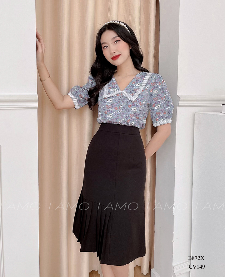 ÁO SƠ MI HOA CỔ V PHỐI REN -B872