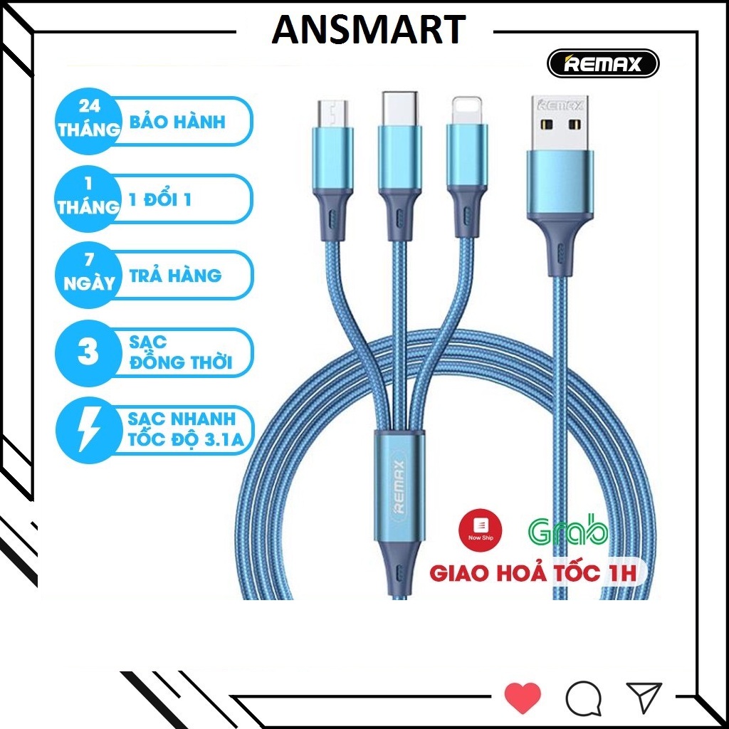 Cáp sạc 3 đầu đa năng Remax bọc dù,Cáp sạc 3 đầu Lightning, TypeC, Micro USB