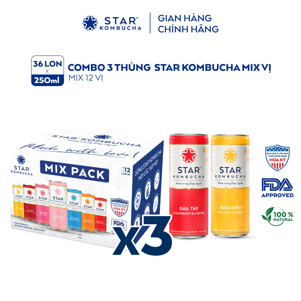 Combo 3 thùng 12 lon trà lên men STAR KOMBUCHA mix 6 vị (36 lon x 250ml)
