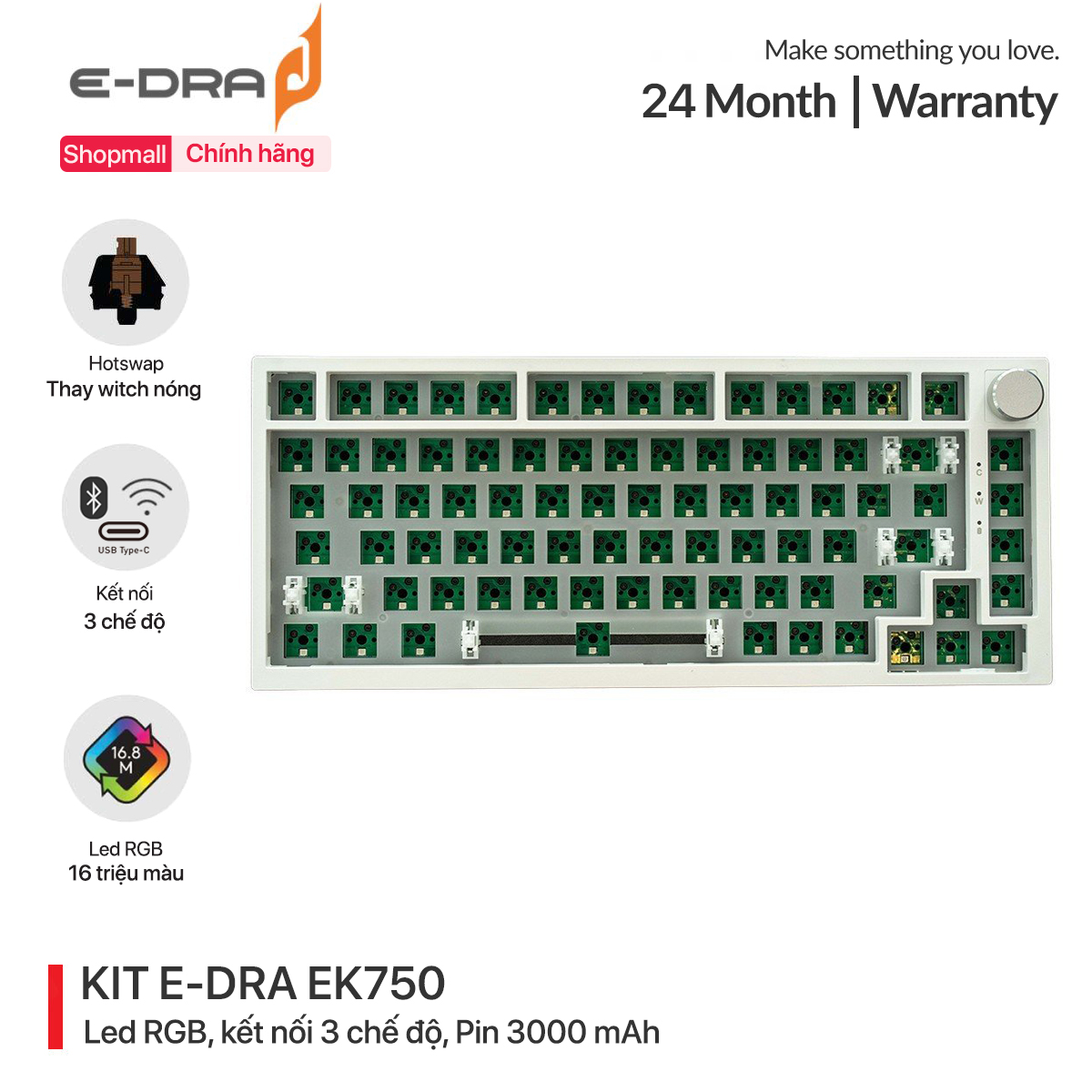 Bộ KIT bàn phím cơ chơi game không dây E-Dra EK750 RGB 3 Mode - Mạch xuôi - Sẵn foam - 3 chế độ kết nối Type-C, Bluetooth, 2.4G - Pin 3000mAh