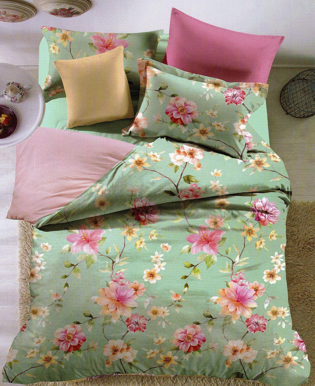 Bộ drap và mền satin Home Sweet Home (Mint Flower )