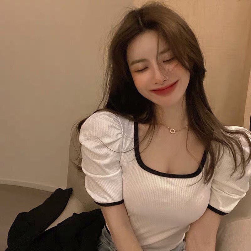 ÁO THUN GÂN TAY PHỒNG CỔ VUÔNG CROPTOP