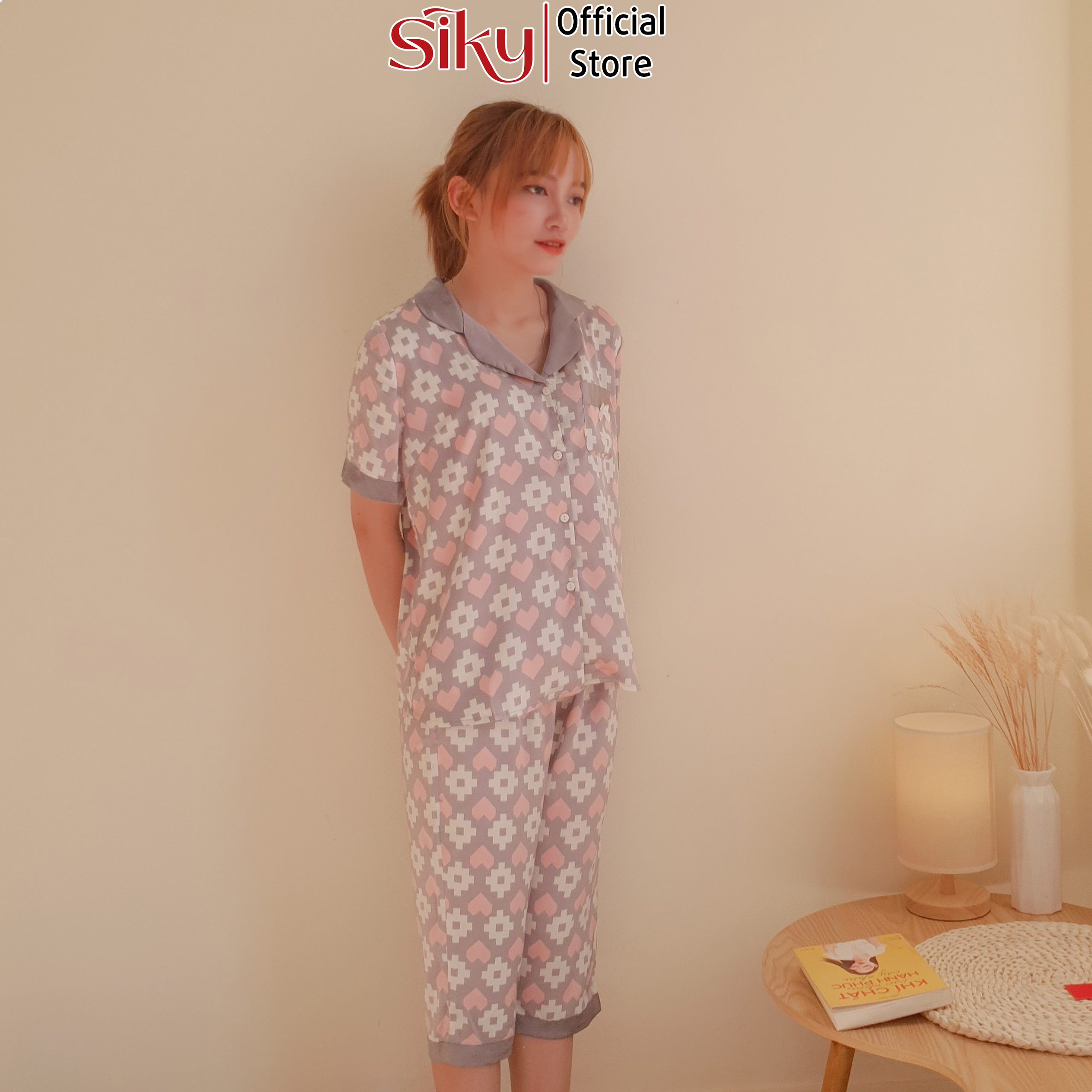 Bộ pijama nữ caro SIKY chất lụa satin - BN09
