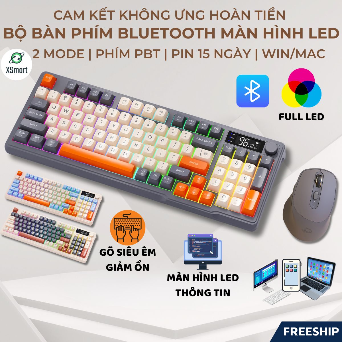 Bộ Bàn Phím Không Dây Bluetooth M96 LED 7 Màu Có Màn Hình, 2 Mode, Phím PBT Cao Cấp, Gõ Êm Chống Ồn Cho Win/ Mac OS