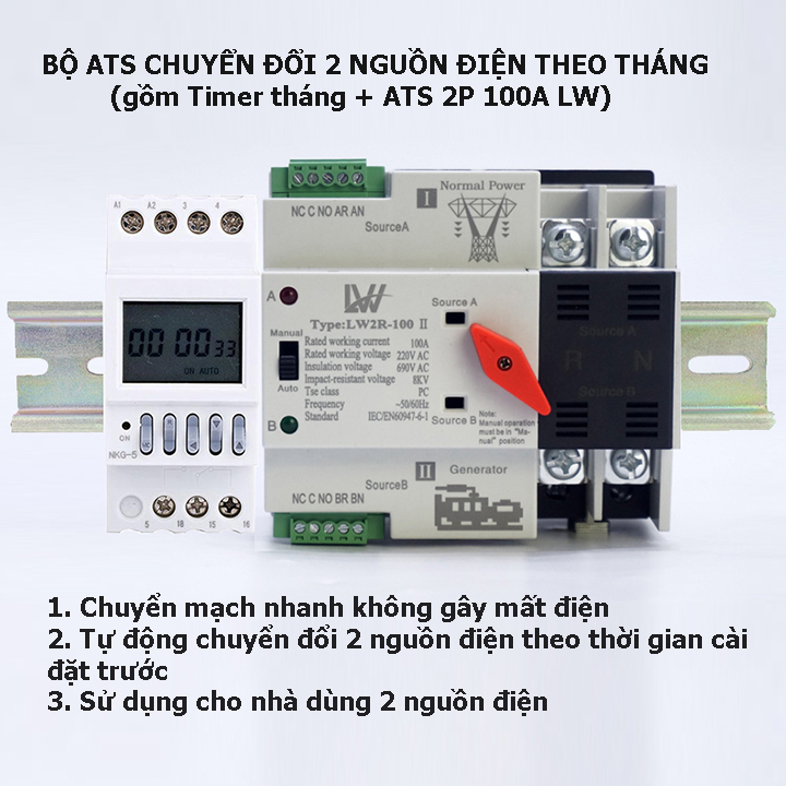Combo bộ chuyển đổi 2 nguồn điện luân phiên 15 ngày trong tháng tự động không gây mất điện gồm Timer tháng NKG5 + ATS LW 100A: