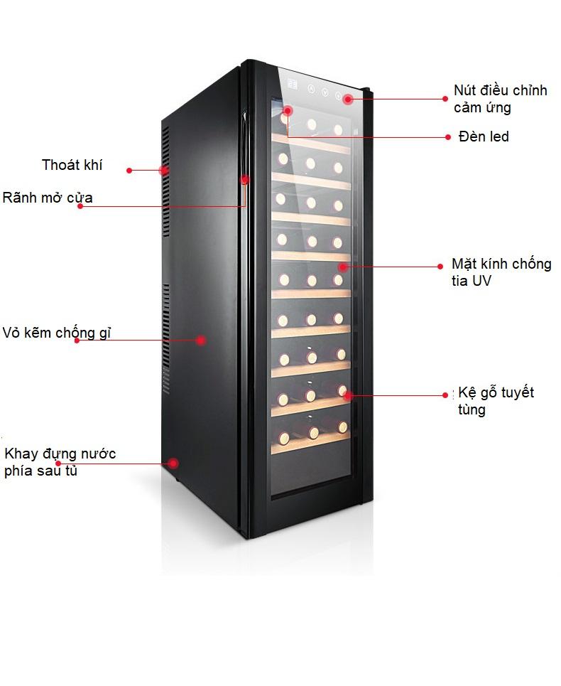 [Trả góp 0%]Tủ bảo quản vang đồ uống cao cấp (27- 30 chai) thiết kế 1 vùng nhiệt độ: 11-18°C​ hiện thị nhiệt độ bằng đèn LED dưới dạng độ C và độ F cửa kính 3 lớp chống tia UV