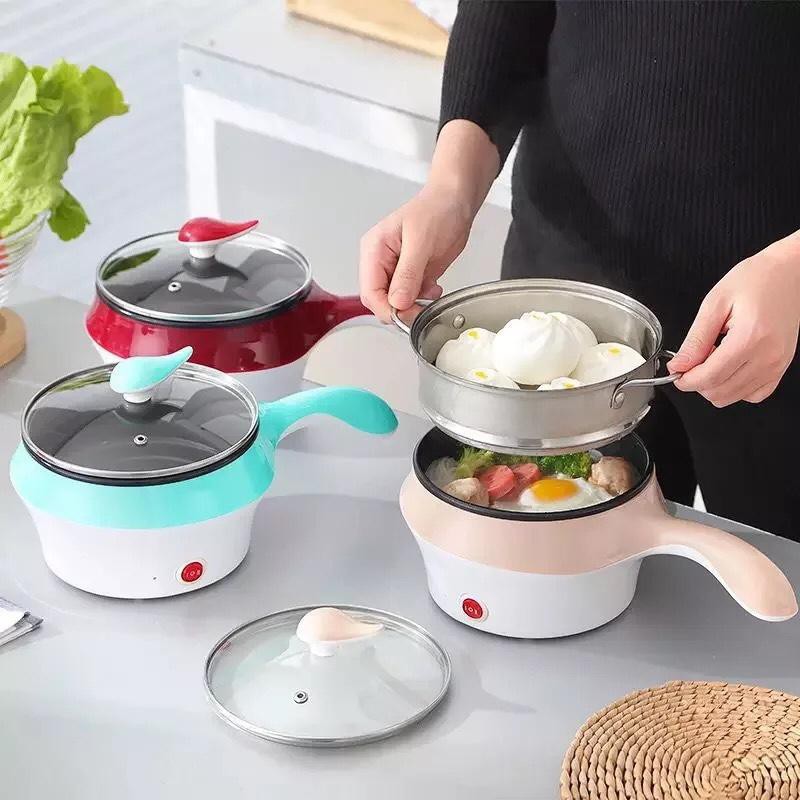 Nồi Lẩu Điện Mini, Nấu Mì 2 Tầng 18CM Kèm Giá Hấp Đa Năng Nướng, Luộc, Chiên Chống Dính Vấn Đá Tiện Lợi