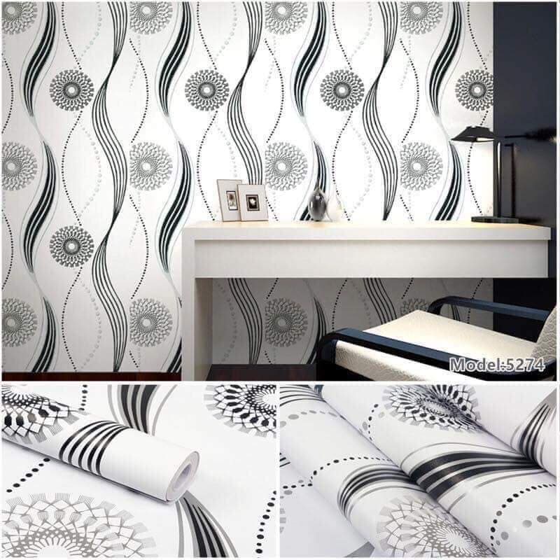 10m giấy dán tường hình họa tiết trắng đen ( cuộn dài 10m, khổ rộng 45cm, giấy có keo sẵn)
