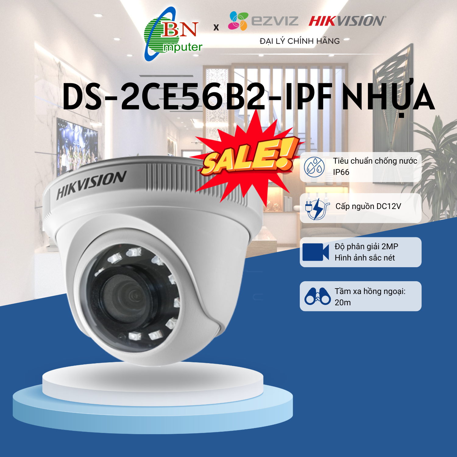 Camera HD-TVI Hikvision DS-2CE 56B2-IPF Bán Cầu 4 in 1 Hồng Ngoại 20m