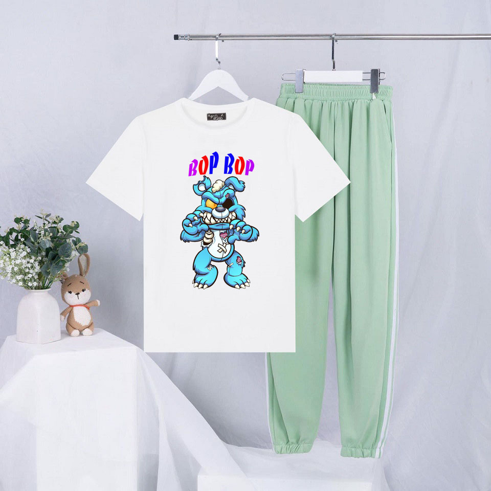 Sét Bộ Đồ Mùa Hè Ulzzang Nữ Xinh Cute Mặc Đi Chơi Dạo Phố, Chất Liệu Áo Cotton Organic Màu Trắng Ngắn Tay Cổ Tròn In 3D Thú Xanh Bop Bop Cute Kèm Quần Thun Bo Chun Gấu Hai Rót Phong Cách