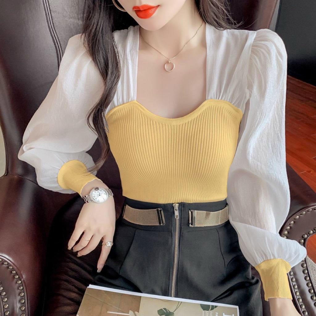 Kèm Video - Dưới 53kg]Áo thun gân cổ vuông phối tay voan bồng dài tiểu thư croptop MC