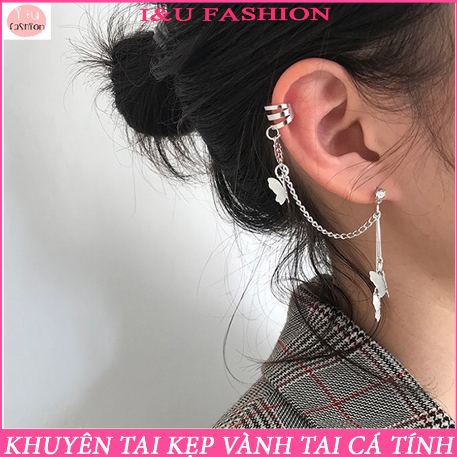[ 1 Chiếc ] Khuyên tai bông tai kẹp vành tai dài hình chú bướm cá tính dây xích mảnh chất liệu kim loại màu bạc thời trang mới độc đáo cho nữ KT-44