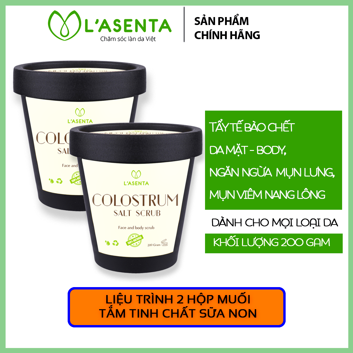 Liệu Trình 2 Hũ Muối Tắm Sữa Non L'asenta 400gr -  Xóa Bỏ V.iêm Nang lông, Da Thâm Sần, Tẩy Tế Bào Chết Body