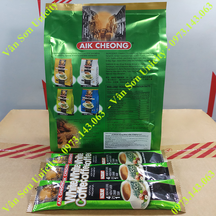 Cà phê trắng vị Hạt Phỉ (Hazelnut) Aik Cheong bịch 600g (15 gói dài x 40g)