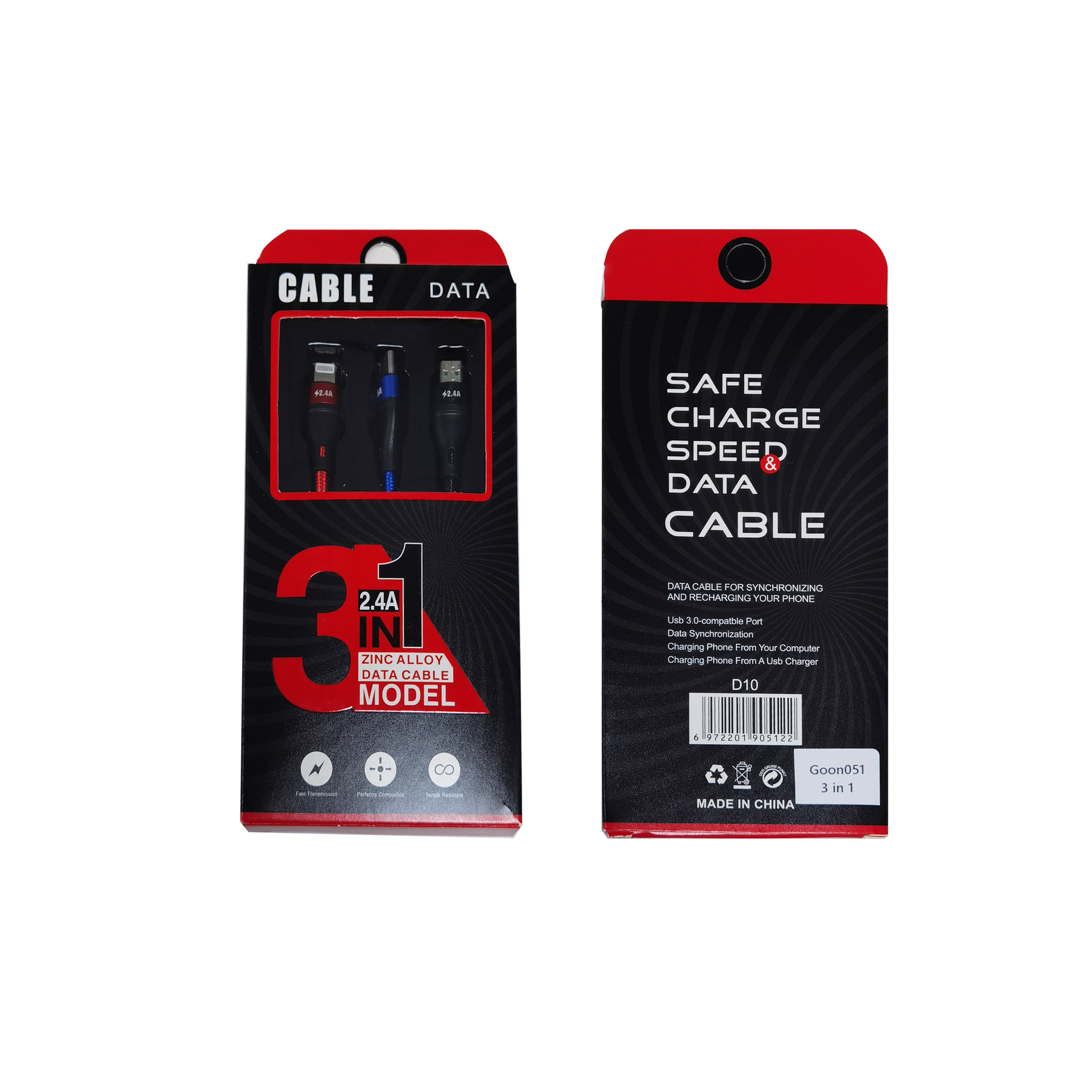 Cáp sạc đa năng, Cáp sạc đa năng 5A Cáp sạc 3 trong 1 Cáp sạc đa USB Cáp sạc nhanh với cổng Type-C, Micro USB và cổng IP, tương thích với hầu hết điện thoại và iPad