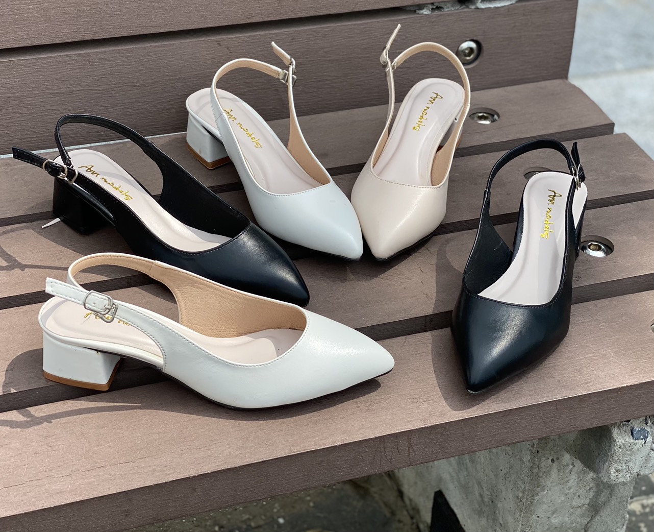 Giày Slingback gót vuông mũi nhọn 3phân da mềm  dáng chuẩn