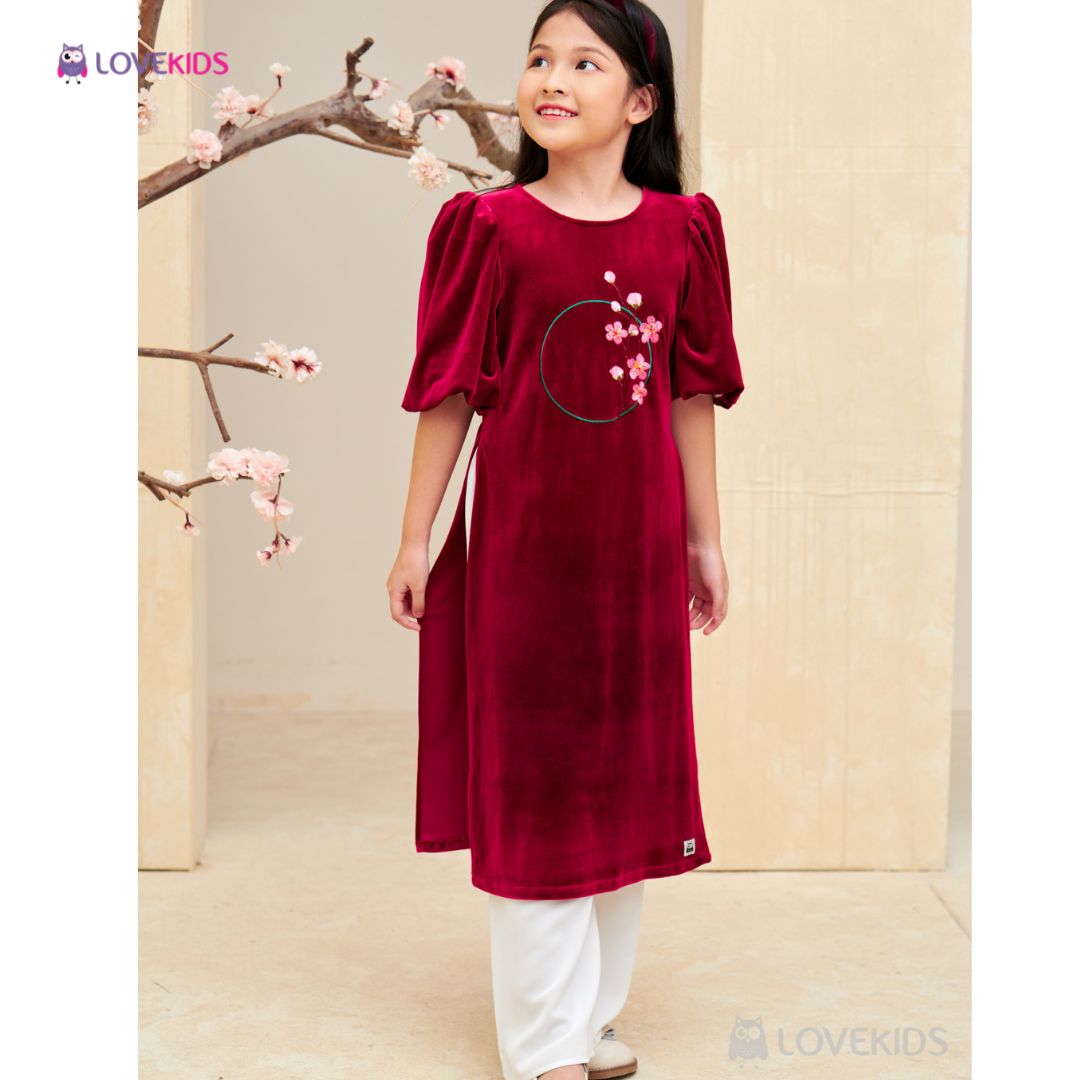 Áo dài nhung bé gái cộc tay thêu hoa đào - Lovekids