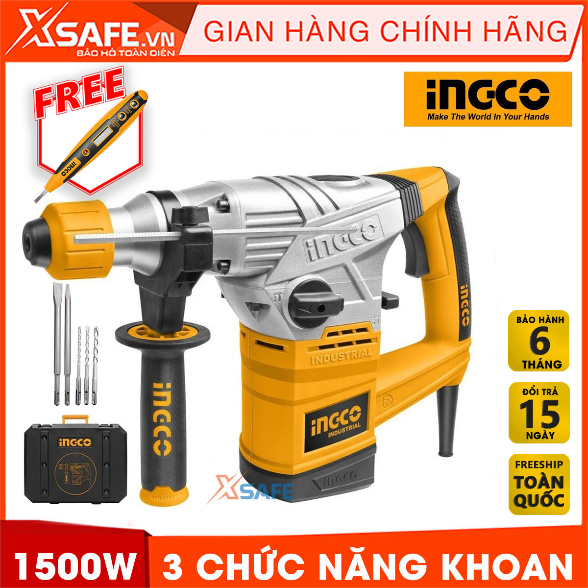 Machine drill chisel 1500W INGCO RH15008 attached 3 drill bit Tuck and 2 tip chisel. Machine drill chisel hand have no-load speed 750 within minutes, speed beating 3000 BPM, force beating 5J, genuine warranty 6 months-product genuine XSAFE