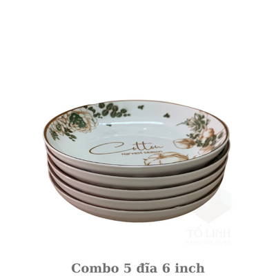 Combo 5 đĩa gốm sứ 15cm, 5 đĩa gốm sứ hoa 6 inch