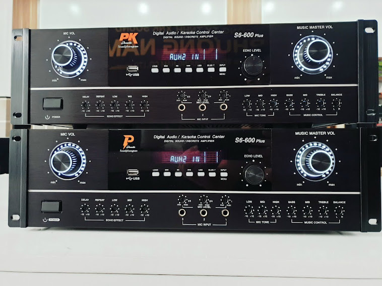Âm ly Amply đẩy liền vang thương hiệu P Audio S6 600 Plus 22 sò có bluetoothUSB Line optical ....chống hú mic hàng chất luợng cao.
