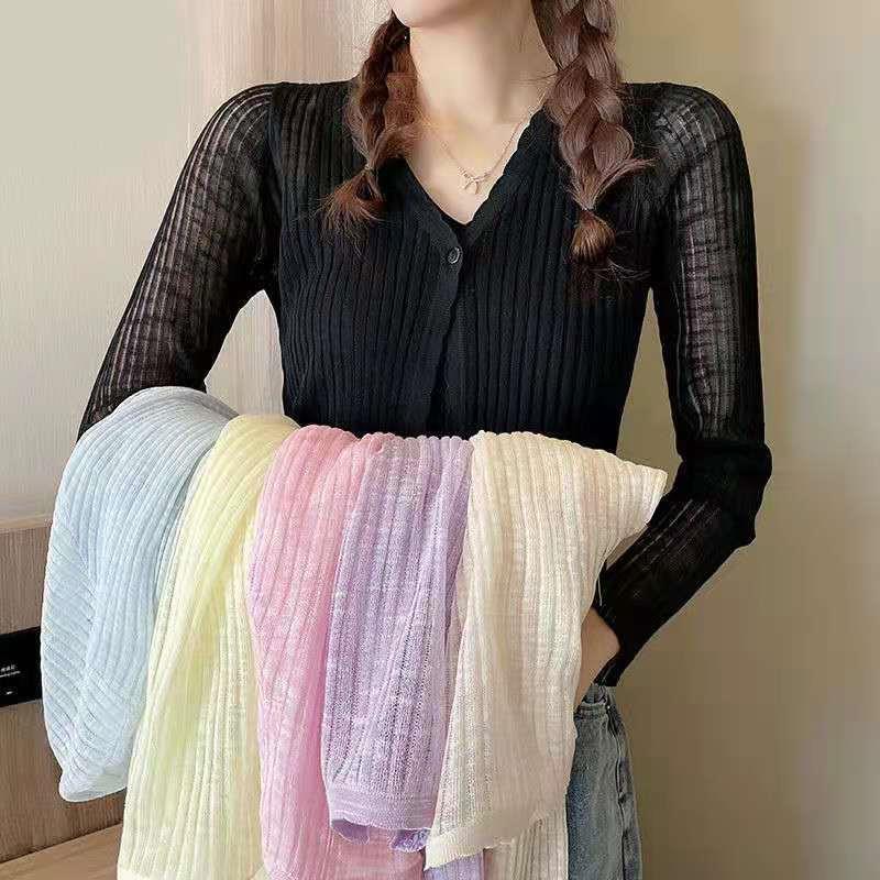 Áo khoác len cadigan mỏng 1 cúc dáng ngắn Áo len mỏng tay dài