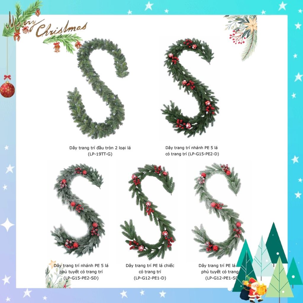 Dây trang trí giáng sinh nhiều mẫu 2m1,2m7 - dây lá thông kết lá dày trang trí noel nhà cửa - phụ kiện trang trí